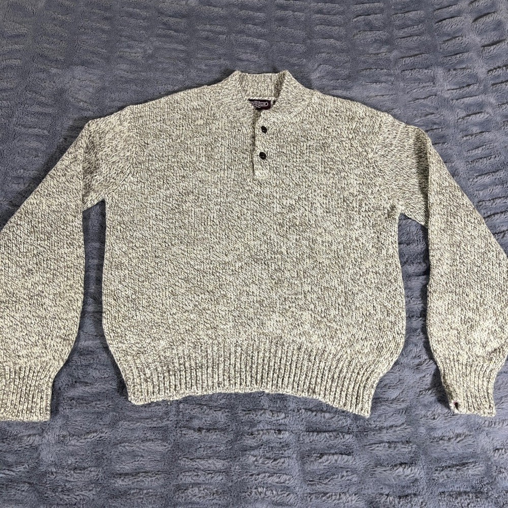 Vintage The Contour‎ Mens Large Gray Marled Wool Blend Henley Mock Neck Sweater